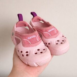 CROCS Kids Pink Water Clogs with Purple Heel Tab